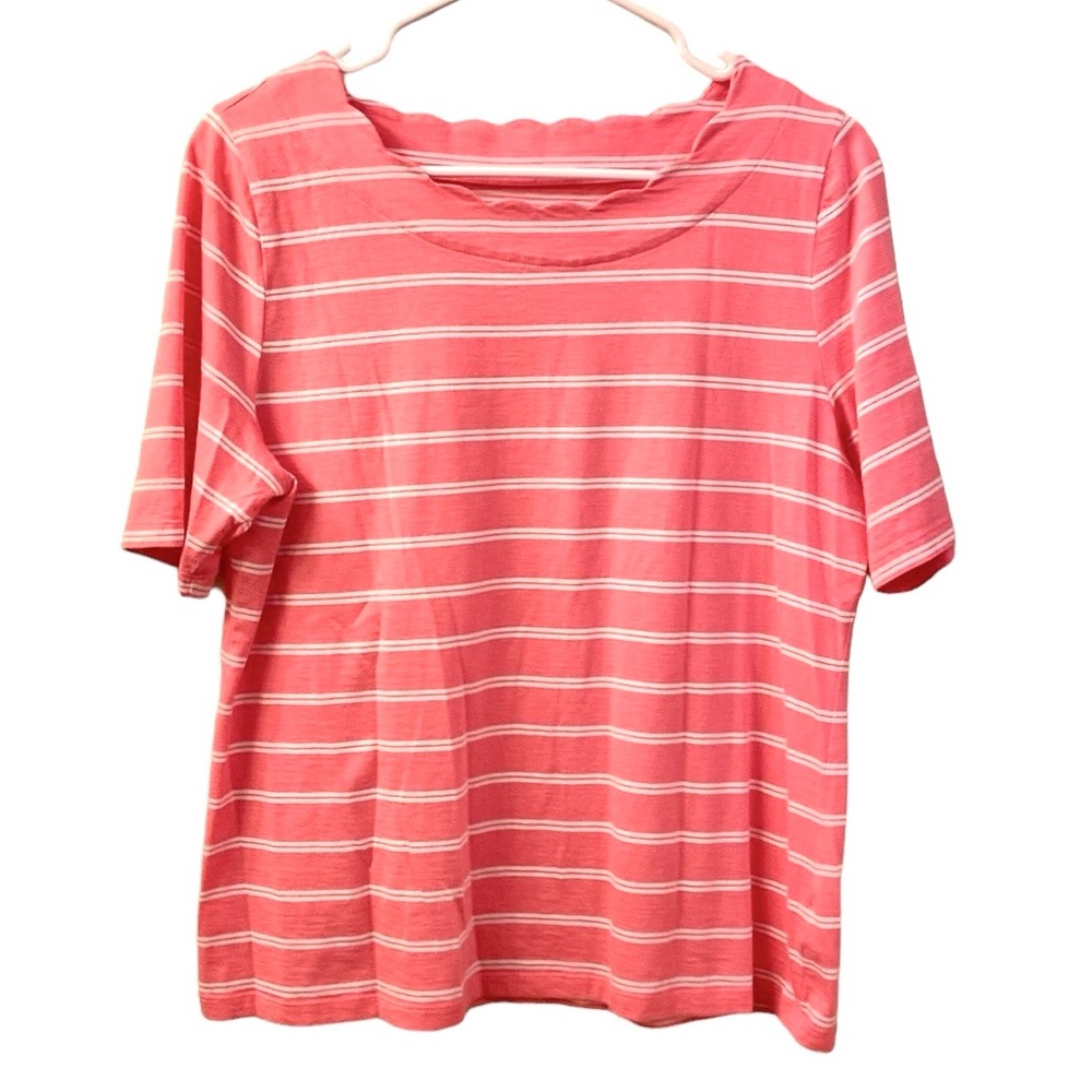 Talbots Top Short Sleeve Pink White Stripe Cotton Scalloped Neckline WM SZ LP